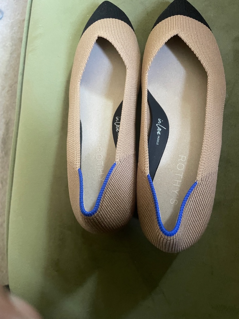 Rothy's Two-Tone Pointed Knit Flats in Tan, Black & Blue Trim - Picture 3 of 3